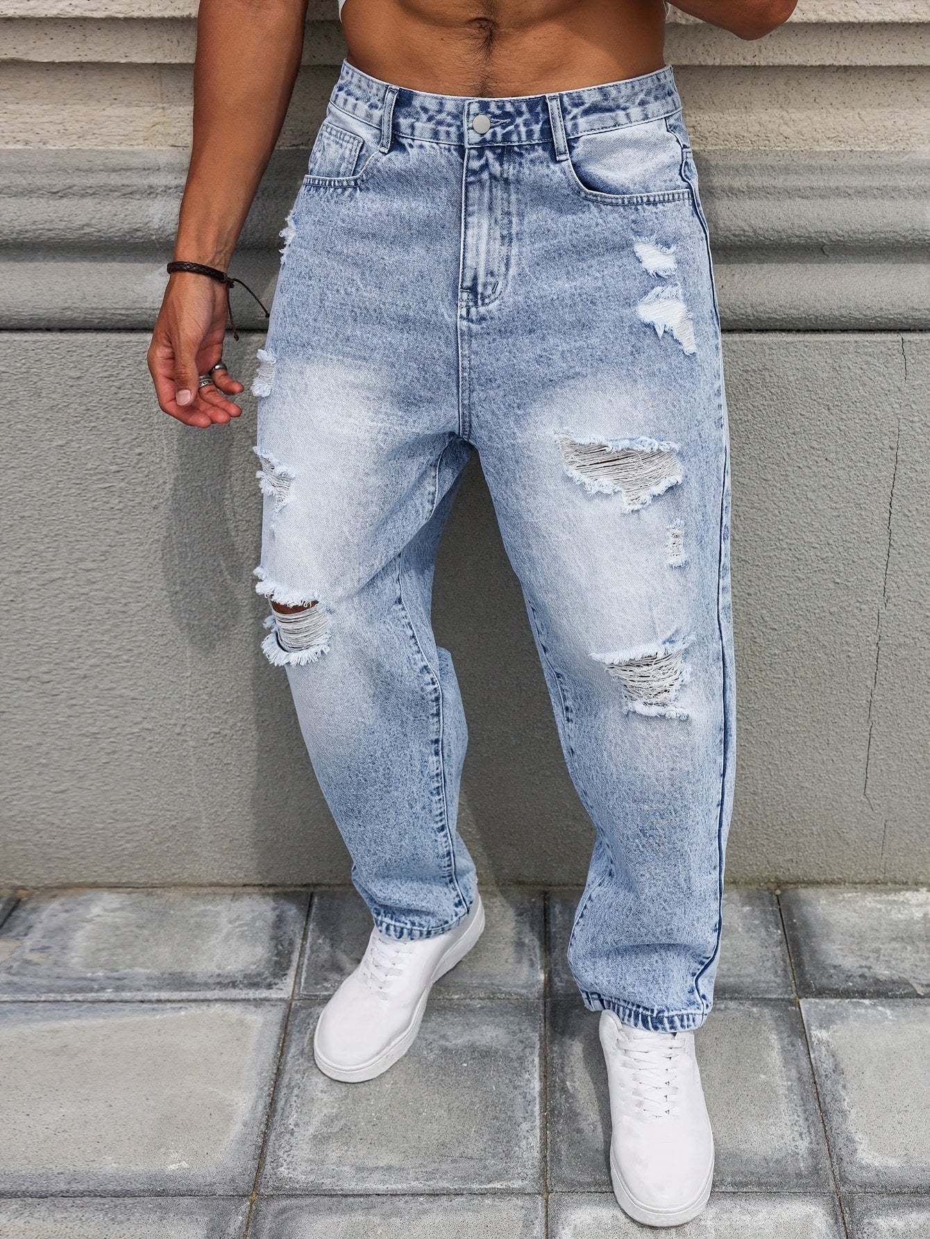 Heren Vintage Distressed Denim Jeans - Lichtblauwe Rebel