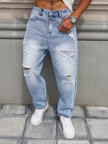 Heren Vintage Distressed Denim Jeans - Lichtblauwe Rebel