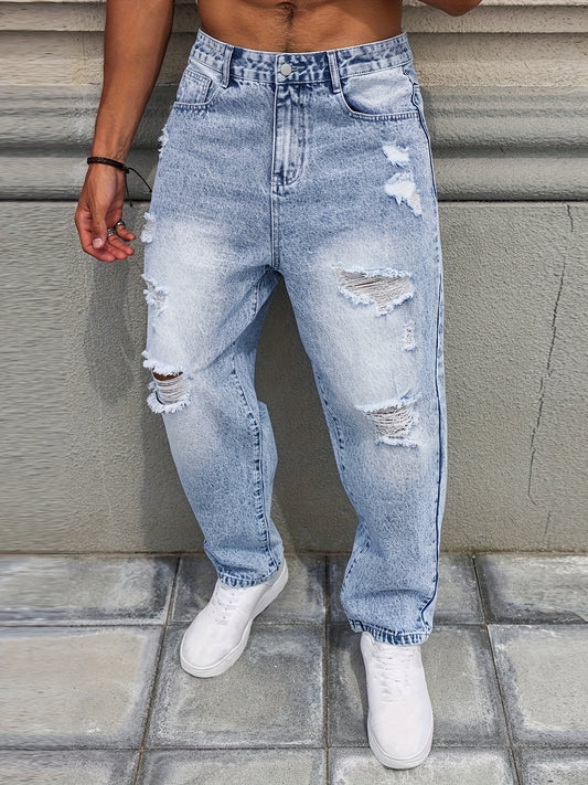 Heren Vintage Distressed Denim Jeans - Lichtblauwe Rebel