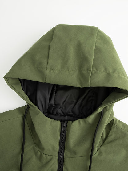 Heren Mid-Length Hooded Windbreaker - Olijfgroene Urban Flow
