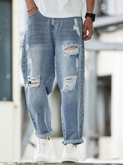 Heren Vintage Distressed Denim Jeans - Lichtblauwe Rebel