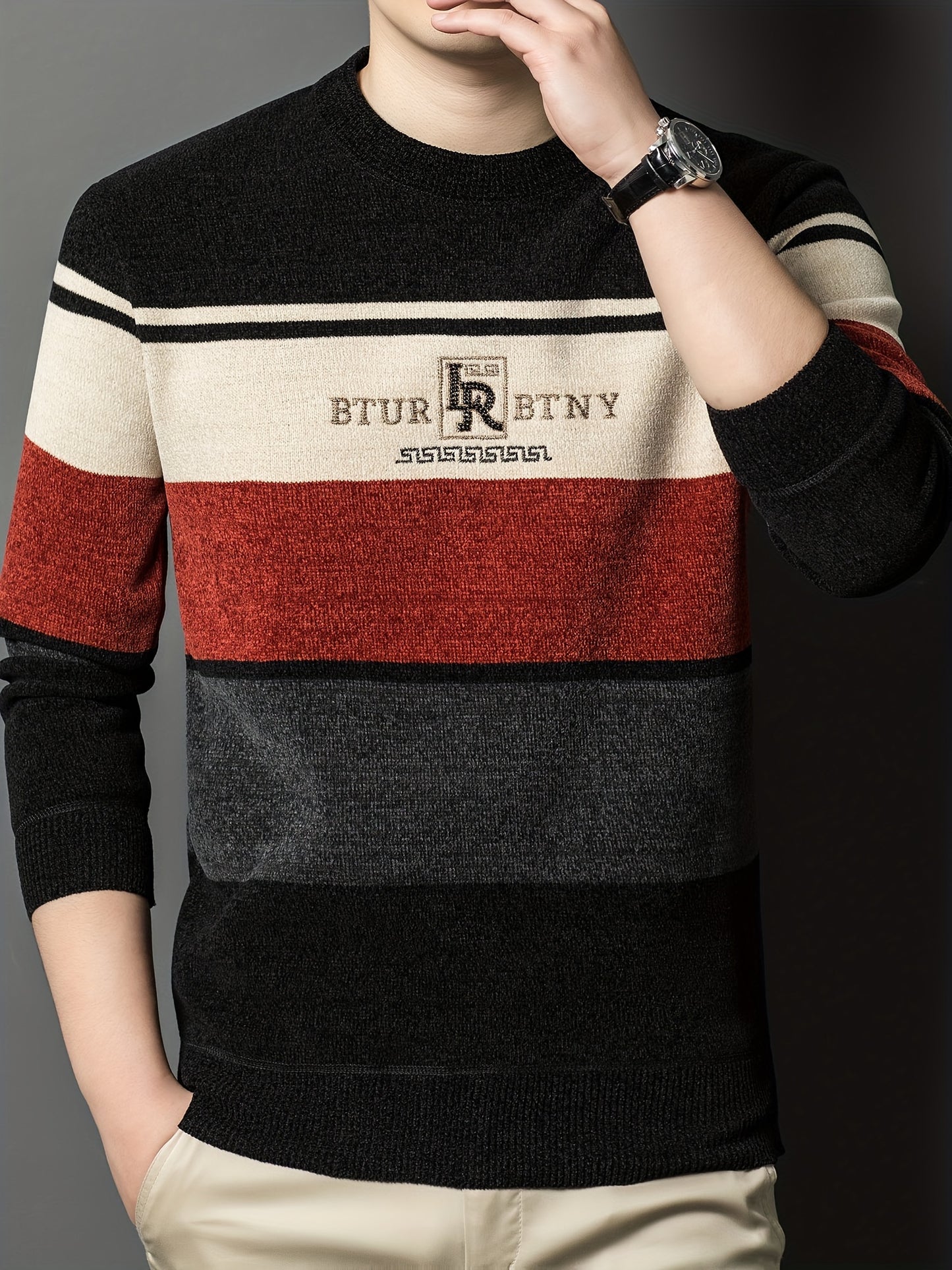 Winter Striped Crew Neck Sweater