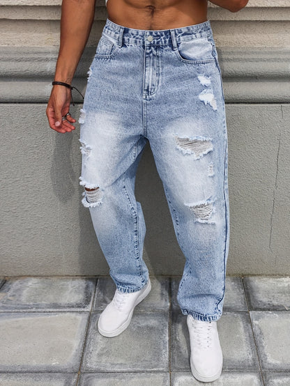 Heren Vintage Distressed Denim Jeans - Lichtblauwe Rebel